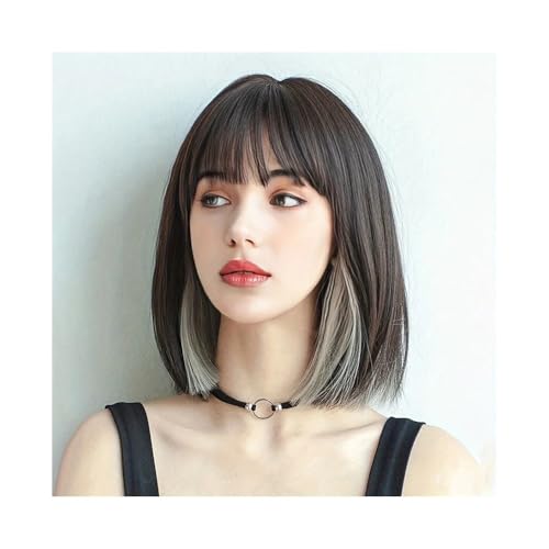 Lace Front Perücken Echthaar Synthetische Kunstfaser, schwarzer Farbverlauf, Oma-Grau, Fransen, Hochtemperatur-Seidenmechanismus Perücken für Frauen von QINGGANG-0224