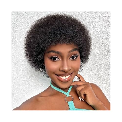 Lace Front Perücken Echthaar Weiche Perücke for Frauen, Afro-Perücke mit lockigem Haar und Pony, Echthaar, lockig, for den täglichen Gebrauch auf Partys Perücken für Frauen(Schwarz) von QINGGANG-0224