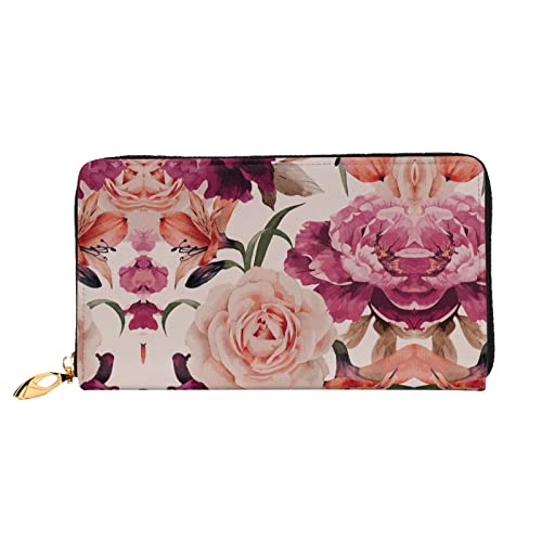 Pink Flowerand Rose Reißverschluss Leder Geldbörse für Frauen Clutch Tasche Reise Kartenhalter Geldbörse Geschenk Rosa Blume und Rose Einheitsgröße Modern, Rosa Blume und Rosen, Einheitsgröße, Modern von QINGIXIN