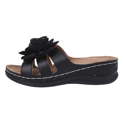 QINGMEN Badesandalen Damen Hausschuhe Frühling und Farbe Elegante mit Einer offener Spitze Keilabsatz Fischmaul Lässige Sandalen Sommer Orthopädische Sandaletten (Black, 37) von QINGMEN