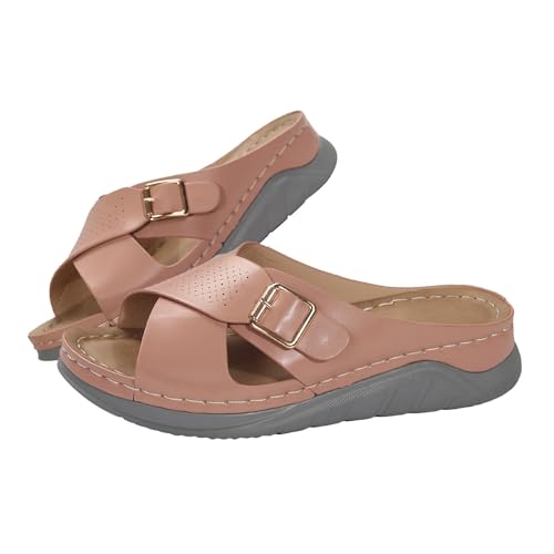QINGMEN Damen-Hausschuhe Damen -Strandschuhe mit geneigtem Absatz und Fischgrätenmuster, übergroße Sandalen Hausschuhe Sommer Orthopädische Sandaletten (Red, 38) von QINGMEN