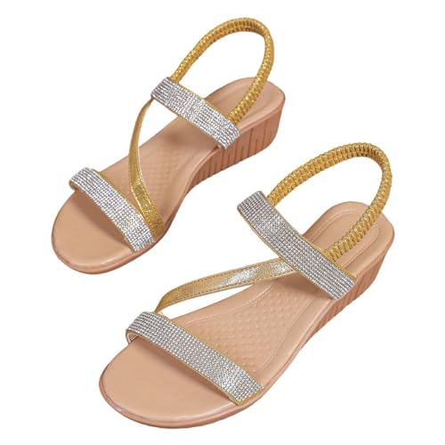 QINGMEN Damen Sandalen Casual Side Hollow Gürtelschnalle Slope Bottom Roman Schuhe Sommermode Keilabsatz 2025 (Gold, 42) von QINGMEN