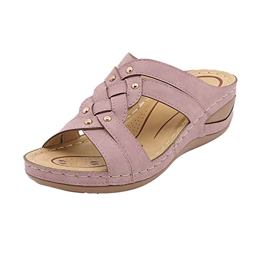 QINGMEN Damen Sommerschuhe Solide Casual Open Toe Wedges Bequeme Strandschuhe Sandalen Hausschuhe Keilabsatz Schuhe (Pink, 39) von QINGMEN