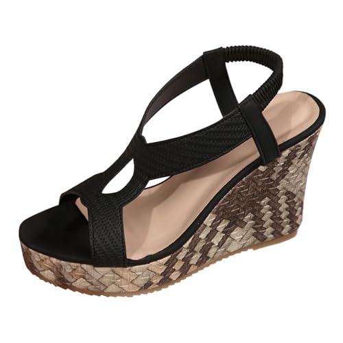 QINGMEN Hausschuhe Damen Sandalen Fischmaul Römerschuhe Outdoor-Bekleidung Urlaub Atmungsaktiv Dicker Keilabsatz Elastisch Bequeme Freizeitsandalen 2025 (Black, 43) von QINGMEN