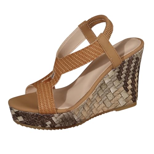 QINGMEN Hausschuhe Damen Sandalen Fischmaul Römerschuhe Outdoor-Bekleidung Urlaub Atmungsaktiv Dicker Keilabsatz Elastisch Bequeme Freizeitsandalen 2025 (Brown, 36) von QINGMEN
