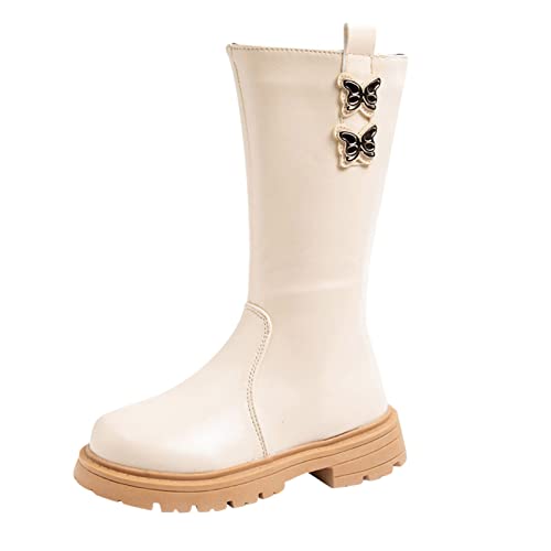 QINGMEN Mode Herbst und Winter Kinder Stiefel Mädchen Mittlere Stiefel Dicke Sohlen Wasserdichte Plattform Rutschfest Einfarbig Seitlicher Reißverschluss Bowknot Einfarbig Warm (White, 32 Big Kids) von QINGMEN