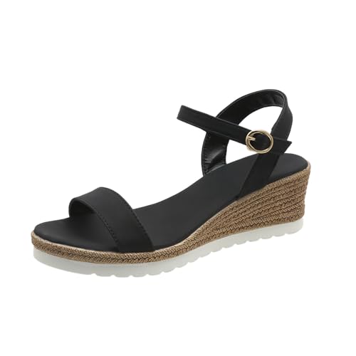 QINGMEN Orthopädische Sandalen Damen Frauen Casual Seite Hohl Gürtel Schnalle Slope Bottom Römische Schuhe Ergonomische 2025 (Black, 41) von QINGMEN