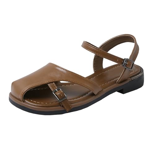 QINGMEN Orthopädische Sandalen Damen Frühling und Geschlossene Zehenpartie Verstellbare Retro Lässig Flache Unterseite Römische Damenschuhe Lässige Sommerschuhe (Brown, 35) von QINGMEN