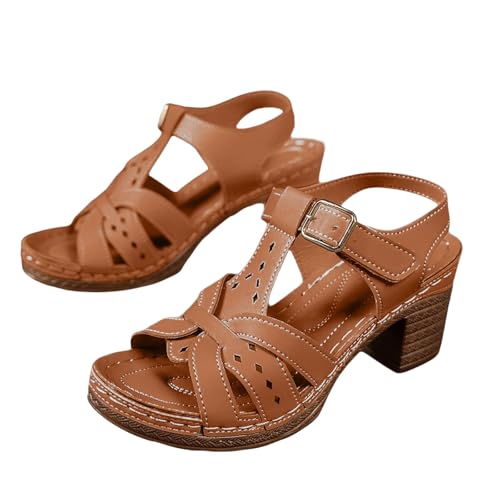 QINGMEN Orthopädische Sandalen Damen Keilabsatz Fischmaul Dicker Absatz Einzeilige Schnalle High Heel Casual Sandale (Brown, 40) von QINGMEN