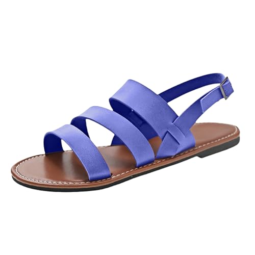 QINGMEN Orthopädische Sandalen Sommersandalen für Damen im Fischmaul-Stil, große Größe, über runder Zehenpartie, flache Sohle, Knöchelriemen, lässige Sommerschuhe Elegant (Blue, 41) von QINGMEN