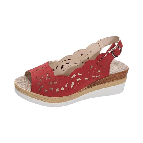 QINGMEN Orthopädische Schuhe Damen Frauen Casual Seite Hohl Gürtel Schnalle Slope Bottom Römische Sandalen Offene 2025 (Red, 38) von QINGMEN