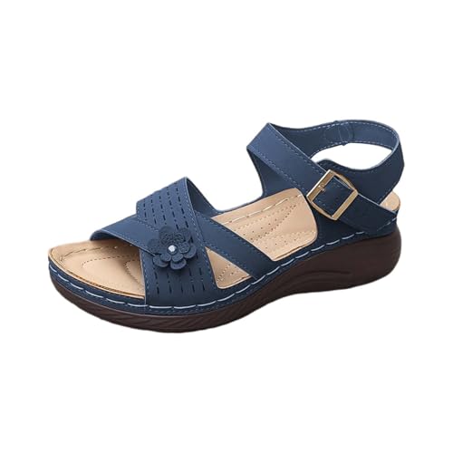 QINGMEN Pantoletten Damen Lässige seitliche hohle Gürtelschnalle mit flacher Unterseite, römische Schuhe, Sommersandalen für Damen, modische Damensandalen Latschen 2025 (Blue, 42) von QINGMEN