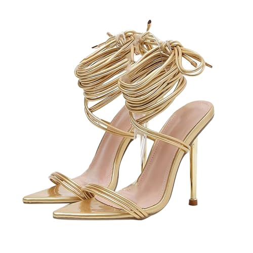 QINGMEN Pantoletten Damen Sandalen mit großen, quadratischen Absätzen und dünnen Absätzen, atmungsaktiv, einreihiger Riemen, High Heel Offene Schuhe 2025 (Gold, 36) von QINGMEN