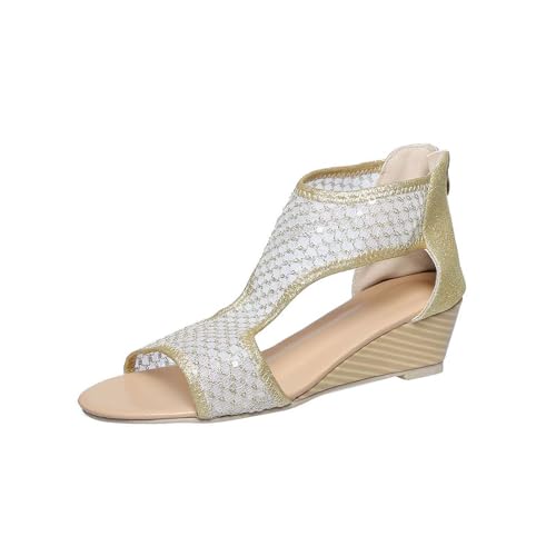 QINGMEN Sandalen Damen Casual Package Heel Slope Bottom Pailletten Römische Schuhe Sommermode Strandschuhe 2025 (Gold, 43) von QINGMEN