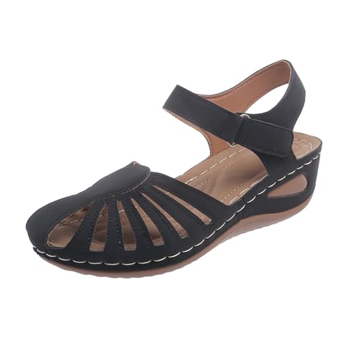 QINGMEN Sandalen Damen Leichte Hohlkappe Keilabsatz Römerschuhe Dünner Riemen Atmungsaktive Freizeitsandalen Latschen (Black, 39) von QINGMEN