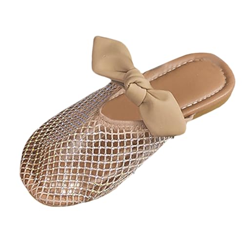 QINGMEN Sommerschuhe Damen Hausschuhe Große Größe Schleife Atmungsaktive Faule Schuhe Mesh Hohl Geschlossene Zehen Flache Unterseite Lässige Damen-Hausschuhe (Beige, 35) von QINGMEN