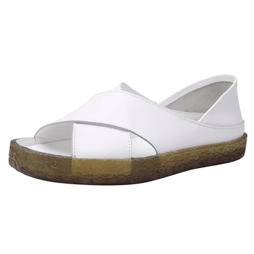 QINGMEN Sommerschuhe Lässige, modische, einfarbige, flache Fischmaul-Sandalen aus für Damen Keilabsatz Schuhe 2025 (White, 43) von QINGMEN