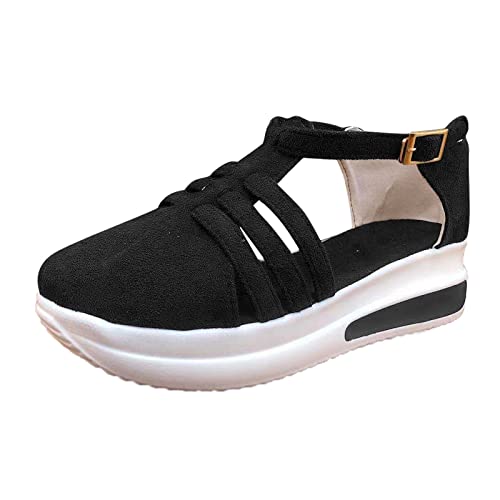 QINGMEN Sommerschuhe Platform Cnormal Frauen solide Schuhe Keilsandalen Modebordschnalle für Damen-Hausschuhe (Black, 40) von QINGMEN
