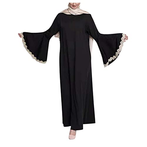 Women's Casual Solid Muslim Dress Lace Stitching Flared Sleeve Abaya Islamic Arab Kaftan Dress with Belt (Black, XL) von QINGMEN
