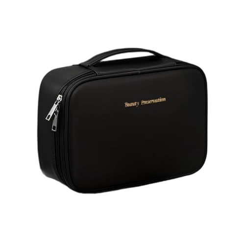 Kosmetiktasche Damen, 24 x 17,5 x 9 cm Make Up Tasche Reise Organizer, Kulturbeutel PU Leder Schminktasche wasserdicht mit Griff und BüRstenfach – Tragbare Cosmetic Bag Kosmetikkoffer, Schwarz von QINGZY