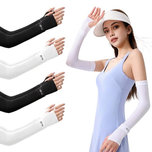 QINGZY 4 Paar UV Schutz Armstulpen Damen, Sonnenschutz Ärmel Sommer UPF 50+ Kühlend Atmungsaktiv, Eis Seide Armlinge mit Daumenloch für Outdoor Sport Radfahren Garten von QINGZY