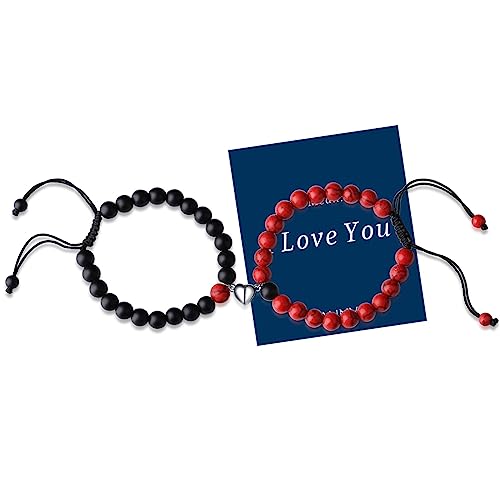 QINJIEJIE 2 Stück Partnerarmbänder Rot Türkis Armband Naturstein Stretch Perlen Partner Armbänder Freundschafts Armbänder Perlen Paar Armbänder mit Herz für Damen Herren von QINJIEJIE