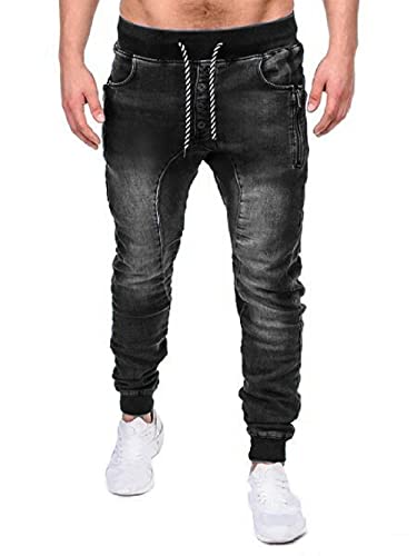 QINKO Herren Jeans Lässige Jeanshose mit Threaded Basic Blue Jeans Large Straight-Leg einfarbige Jeans-Black_3XL von QINKO