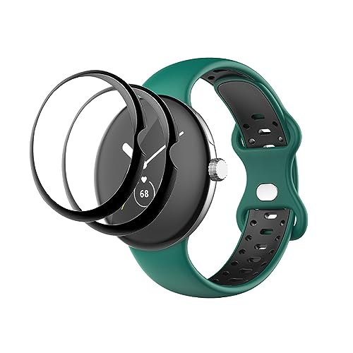 QINOUK Armband für Google Pixel Watch 2, [Atmungsaktives] Weiches Silikonband, Zweifarbiges Band, [2 Pack] Schutzfolie, für Google Pixel Watch 2-Grün Schwarz von QINOUK