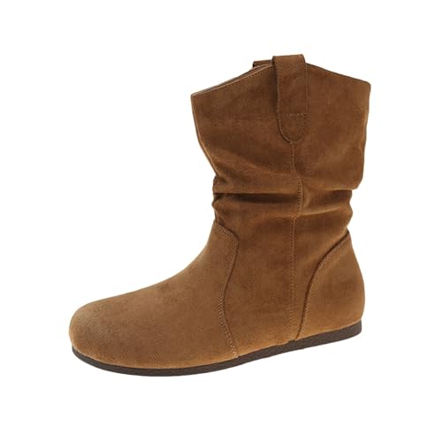 Damen Schuhe Herbst,Women's Ankle Boots Short Boots Spring Summer Autumn Single Retro Soft Round Toe Flat Bottom Style Flat Pleated Suede Single Boots von QINQNC