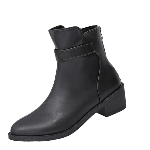 Damen Stiefel,Womens Leather Low Block Heel Ankle Boots Comfort Ladies Office Formal Work Party Occasion Heeled Button Pointed Toe Fall Winter Shoes von QINQNC