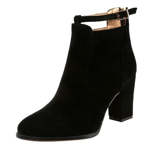 QINQNC Ankle Boots Damen,Womens Ankle Boots Block Low Mid Heel Boots Ladies Zip Buckle Strap Smart Booties Shoes Side Zipper Chunky Heel Short Boots von QINQNC