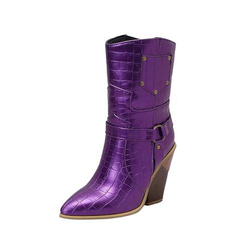 QINQNC Chelsea Boots Damen,Women's Cowboy Cowgirl Boots Embroidered Stitched Short Western Boots Low Chunky Heel Pointed Toe Ankle Booties von QINQNC