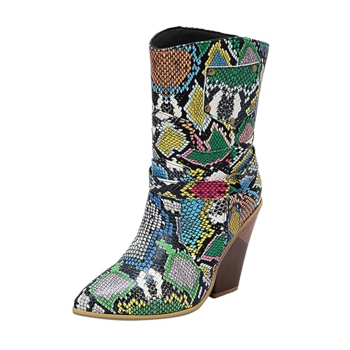 QINQNC Chelsea Boots Damen,Women's Cowboy Cowgirl Boots Embroidered Stitched Short Western Boots Low Chunky Heel Pointed Toe Ankle Booties von QINQNC