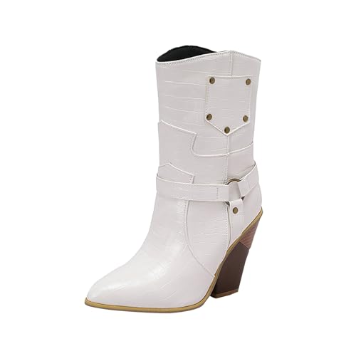 QINQNC Chelsea Boots Damen,Women's Cowboy Cowgirl Boots Embroidered Stitched Short Western Boots Low Chunky Heel Pointed Toe Ankle Booties von QINQNC