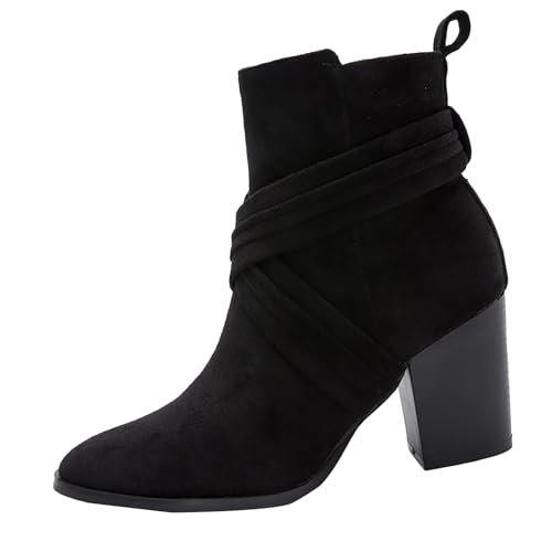 QINQNC Chelsea Boots Damen,Womens Suede Low Block Heel Ankle Boots Comfort Ladies Smart Office Formal Work Party Occasion Heeled Button Pointed Toe Shoes von QINQNC