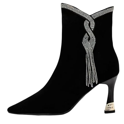 QINQNC Damen Boots Winter,Womens Ladies Low Mid Stiletto Heel Ankle Boots Comfort Smart Office Formal Work Party Occasion Heeled Button Pointed Toe Lace Glitter Shoes von QINQNC