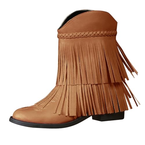 QINQNC Herbstschuhe Damen,Womens Western Cowboy Boots Tassels Ankle Boot Low Chunky Pointed Toe Retro Embroidery Wide Calf Cowgirl Boots for Theme Party Country Concert von QINQNC