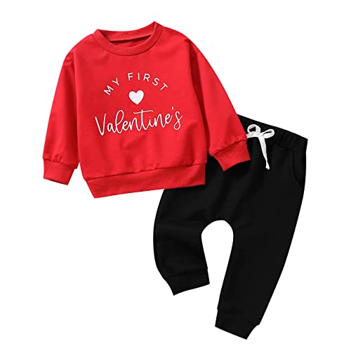 QINQNC Mein erster Valentinstag Baby Mädchen Outfit Kleinkind Kinder Brief Print Langarm Sweatshirt Tops Hosen Kleidung 2PCS Set (Red, 3-6 Months) von QINQNC