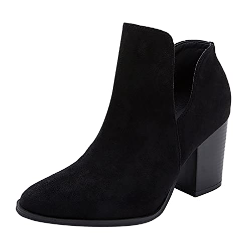 QINQNC Stiefeletten Damen Lack Stiefeletten Knöchelschuhe Damen Cut Out Ankle Boots Chunky Heel Slip On Western Booties Freizeitschuhe Gummistiefel Damen Rot Hoch Damen Gelb Stiefel (Black 39) von QINQNC