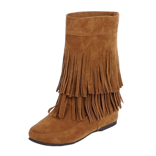 QINQNC Winterschuhe Damen,Women's Tassel Cowboy Boots Knee High Short Western Boots Low Chunky Heel Pointed Toe Ankle Booties von QINQNC