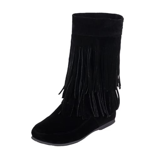 QINQNC Winterschuhe Damen,Women's Tassel Cowboy Boots Knee High Short Western Boots Low Chunky Heel Pointed Toe Ankle Booties von QINQNC