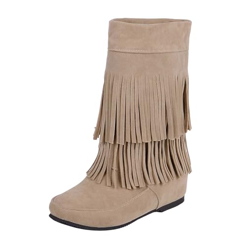 QINQNC Winterschuhe Damen,Women's Tassel Cowboy Boots Knee High Short Western Boots Low Chunky Heel Pointed Toe Ankle Booties von QINQNC