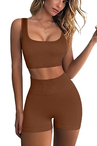 FAFOFA Workout-Sets für Damen, 2-teilig, nahtlos, gerippt, bauchfrei, Tank, hohe Taille, Shorts, Yoga-Outfits, braun, Small von QINSEN