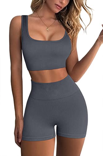 FAFOFA Workout-Sets für Damen, 2-teilig, nahtlos, gerippt, bauchfrei, Tanktop, hohe Taille, Shorts, Yoga-Outfits, dunkelgrau, Medium von QINSEN