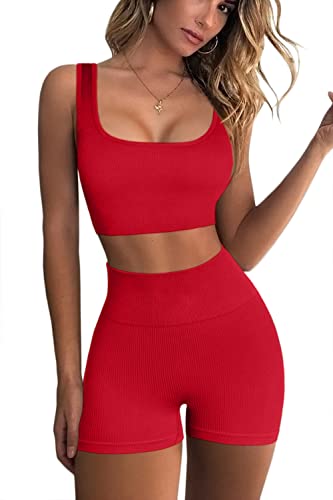 FAFOFA Workout Sets für Frauen 2 Stück Nahtlos Gerippt Crop Tank Hohe Taille Shorts Yoga Outfits, rot, Small von QINSEN