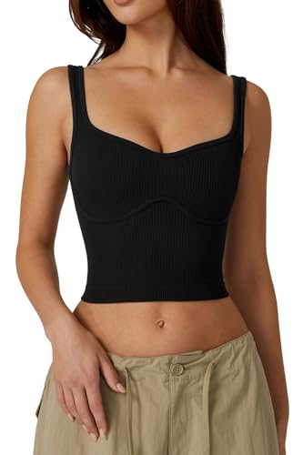 QINSEN Ärmelloses Cropped-Tanktop für Damen, gerippt, nahtlos, Sweetheart-Ausschnitt, zum Ausgehen, Schwarz, Groß von QINSEN