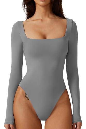 QINSEN Bodysuit-Tops für Damen, quadratischer Ausschnitt, langärmelig, doppelt gefüttertes T-Shirt, Dunkel_Grau, S von QINSEN