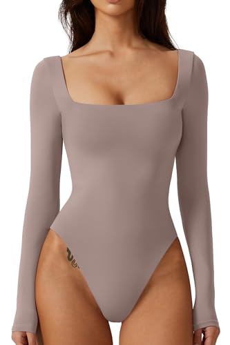 QINSEN Bodysuit-Tops für Damen, quadratischer Ausschnitt, langärmelig, doppelt gefüttertes T-Shirt, Stuck, XS von QINSEN