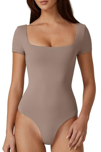 QINSEN Damen-Body, quadratischer Ausschnitt, kurzärmelig, doppellagig, modisch, T-Shirt, Rose Taupe, S von QINSEN