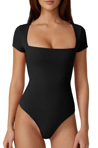 QINSEN Damen-Body mit quadratischem Ausschnitt, kurzärmelig, sexy Body, Oberteil mit doppeltem Futter, Schwarz, M von QINSEN